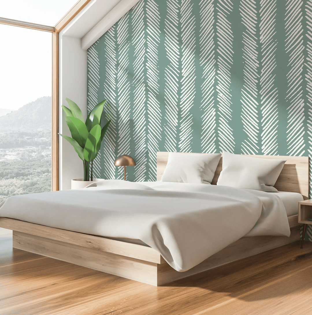 chambre papier peint graphique vert blanc parquet bois baie vitree