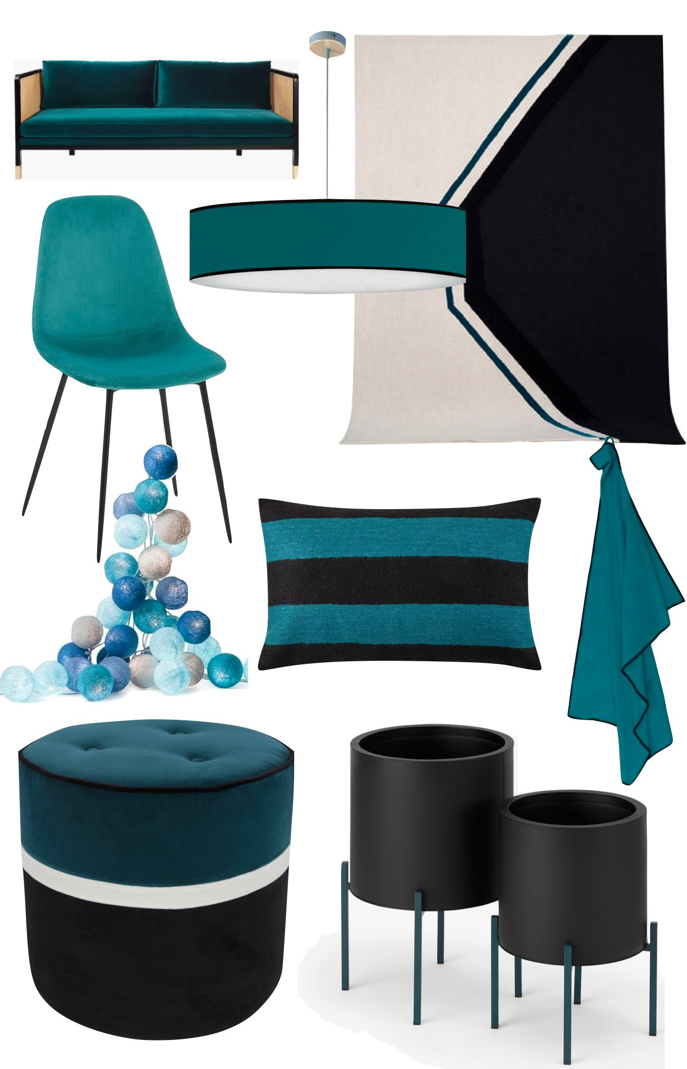 idée inspiration déco salon bleu paon noir