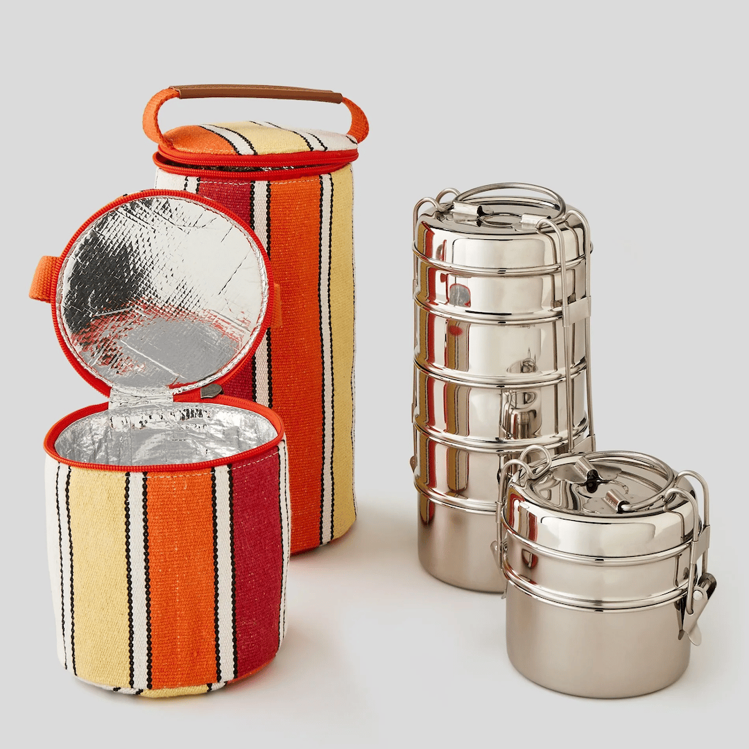 lunch box ronde acier retro vintage sac tissus coton rouge orange