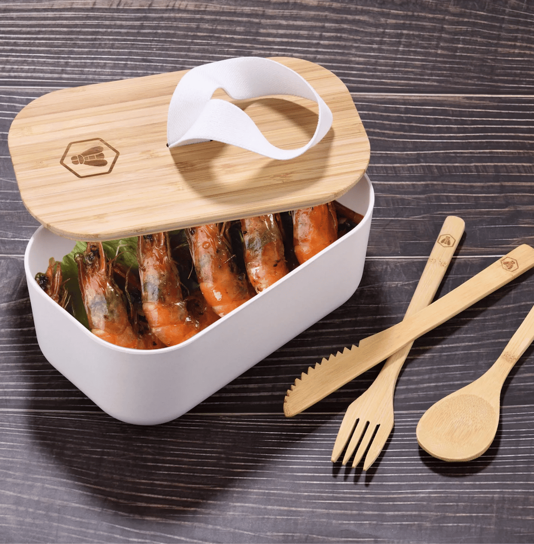 lunchbox eco-responsable rectangle blanc couvercle bambou set couvert bois