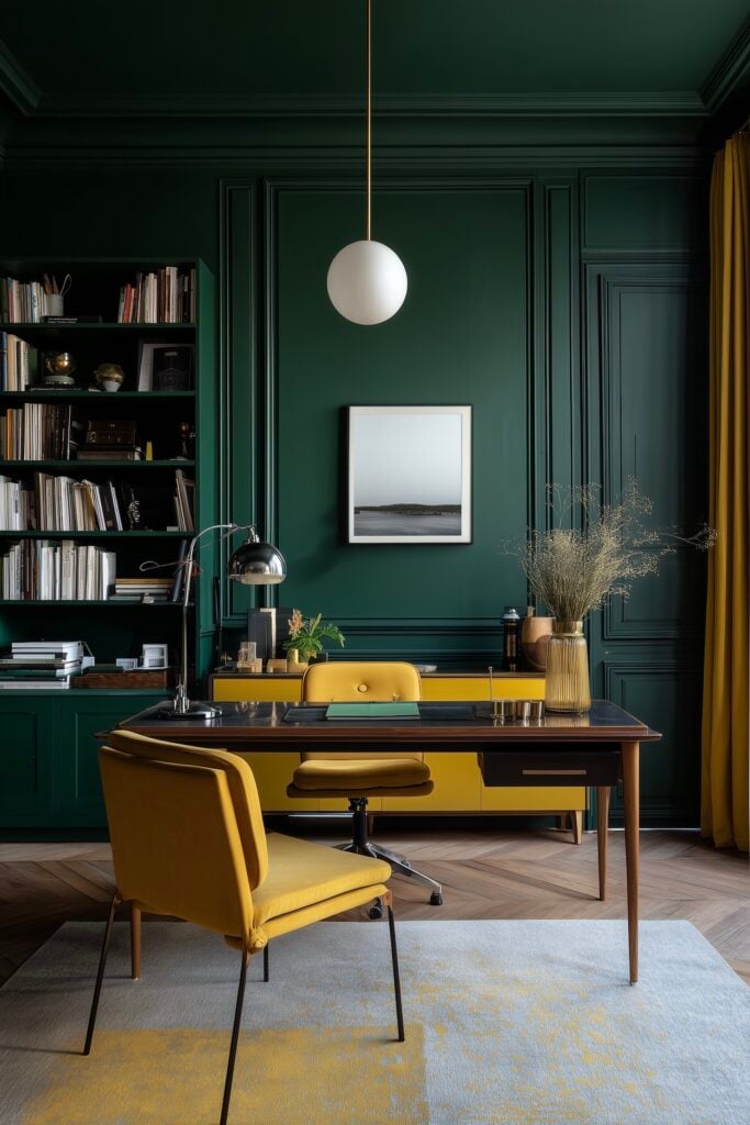 bureau élégant parisien boiseries vertes fauteuil jaune étagères bibliothèque