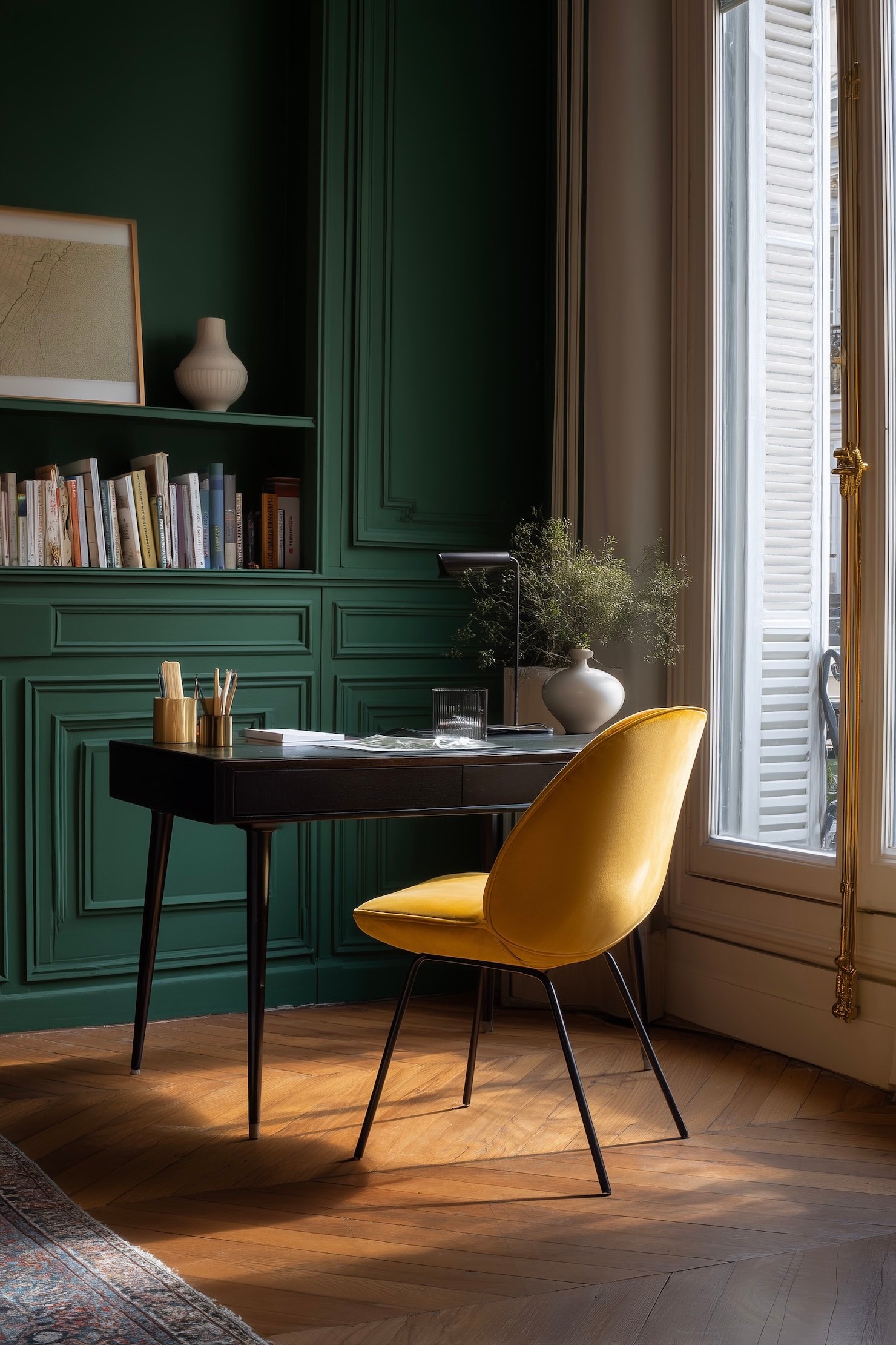 bureau maison parisien murs verts chaise jaune design moderne