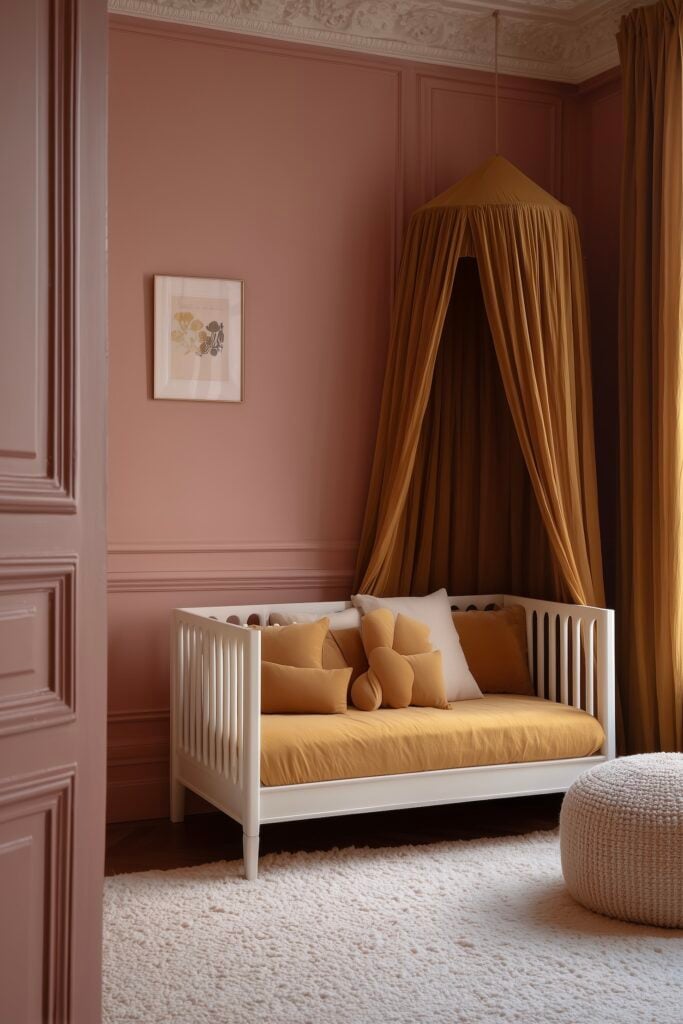 chambre bébé moderne parisienne murs roses lit baldaquin textile moutarde