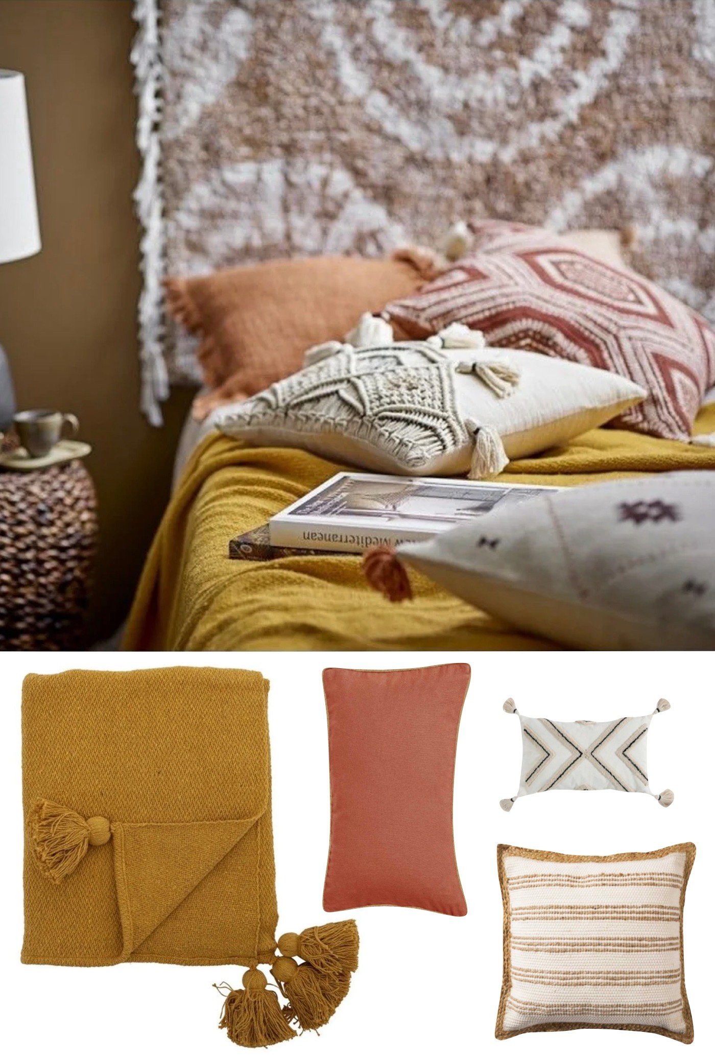 chambre déco bohème épurée jaune ocre rouge