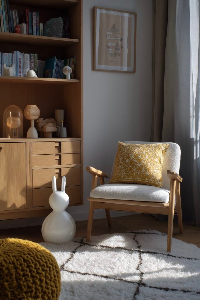 Coin lecture chambre enfant fauteuil retro bois