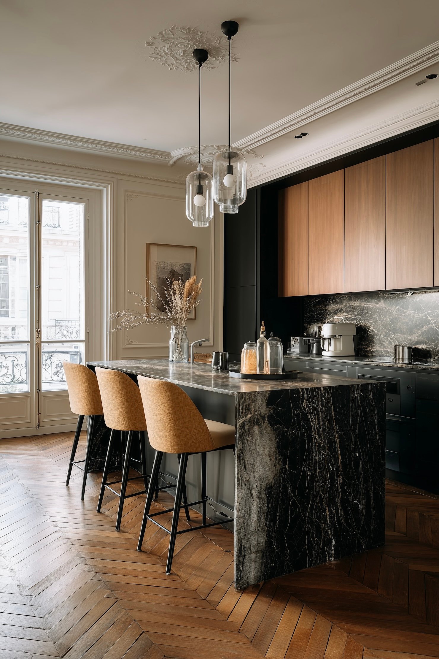 déco couleur cumin cuisine îlot marbre chaises hautes bois