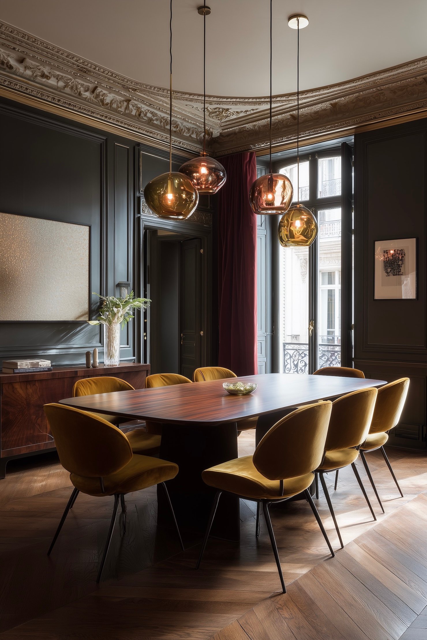 déco couleur cumin salle à manger parisienne chaises velours moutarde table bois