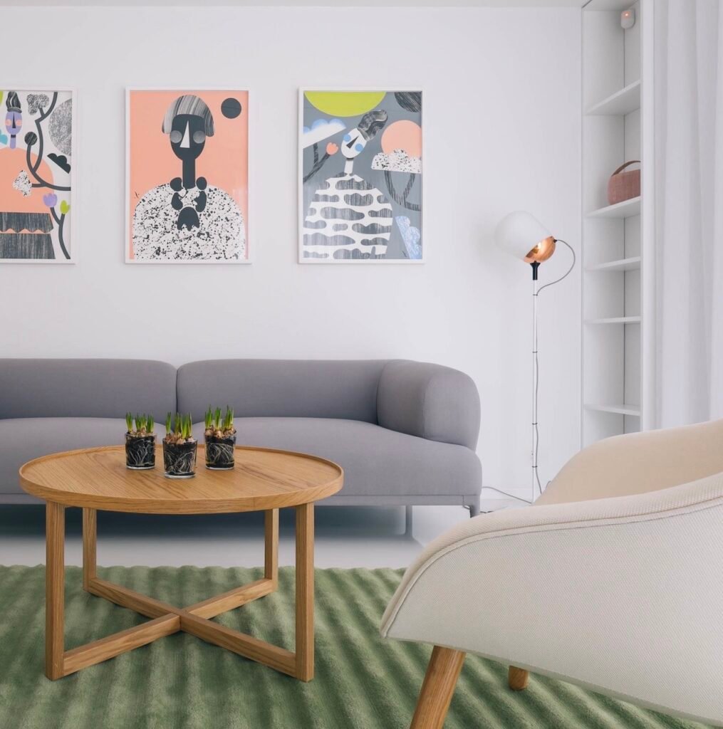 salon lumineux blanc gris détail rose pastel