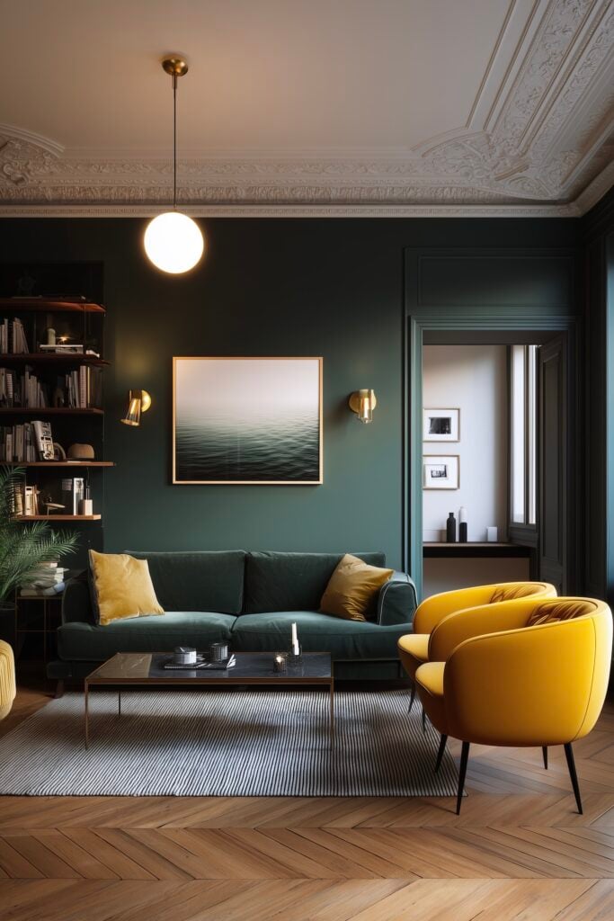 salon parisien canapé vert foncé fauteuils jaunes ambiance cosy