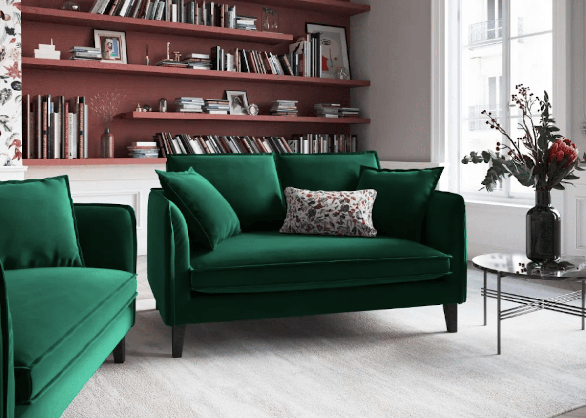 salon fauteuil canapé vert émeraude velours