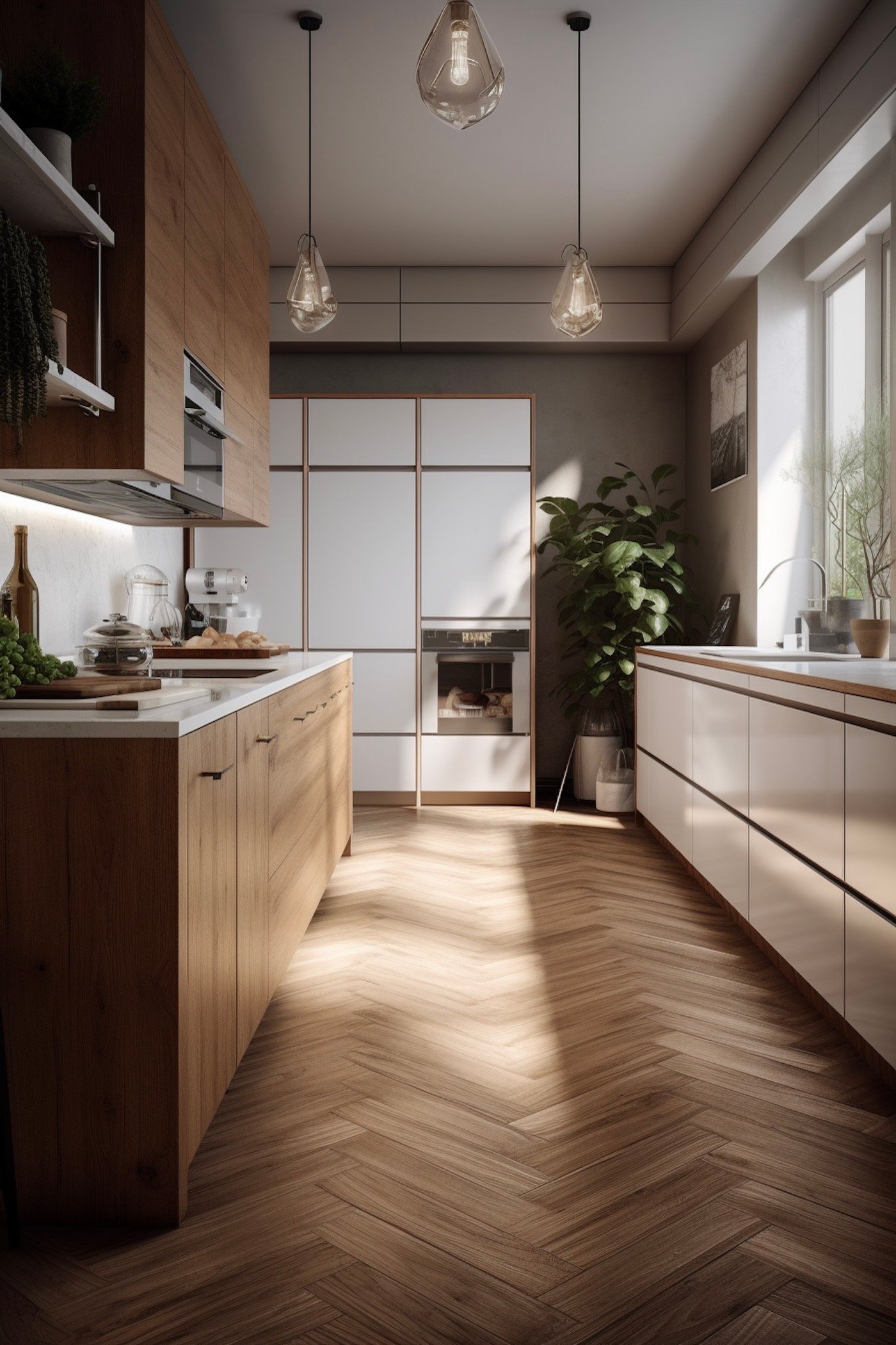 cuisine déco parisienne parquet chevron chêne massif