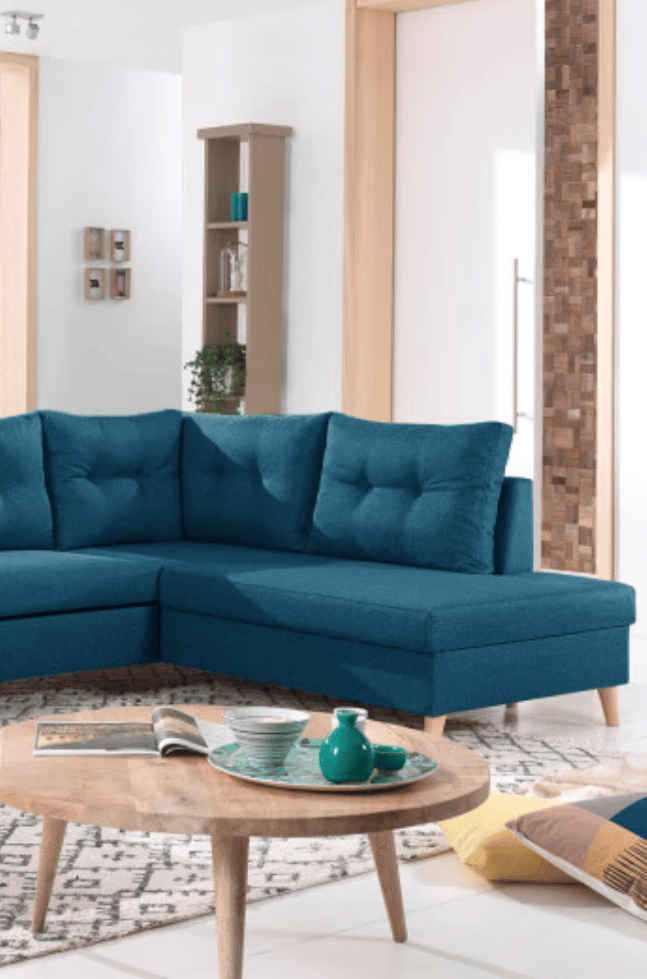 salon canapé bleu elegant table bois