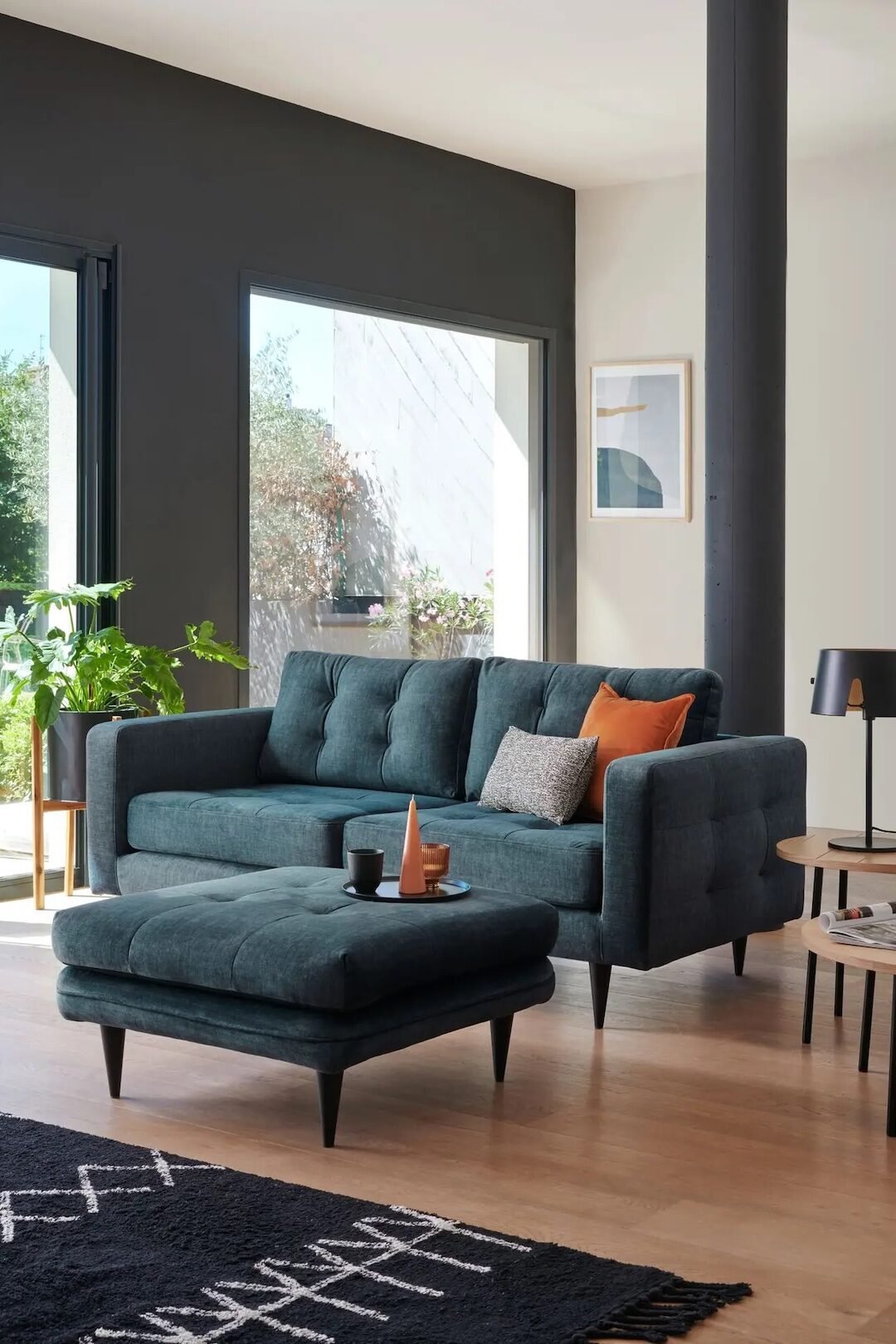 canape 2 places scandinave dehoussable bleu canard bois salon tendance