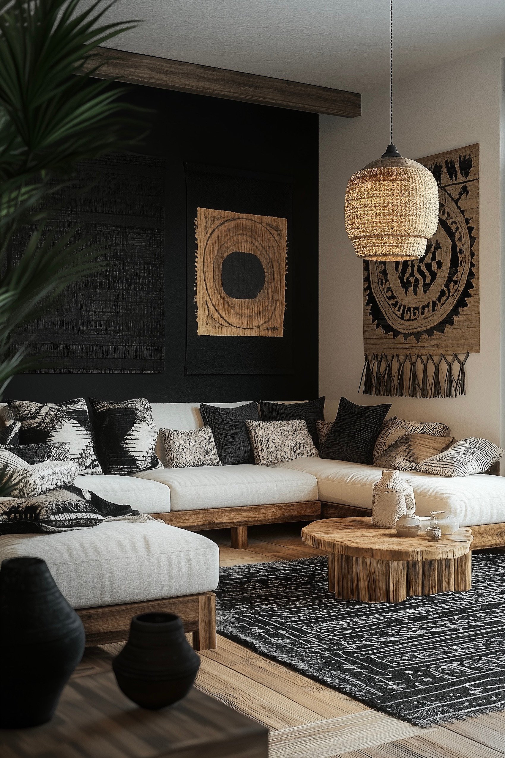 aménagement salon murs noir carré tapis suspendu