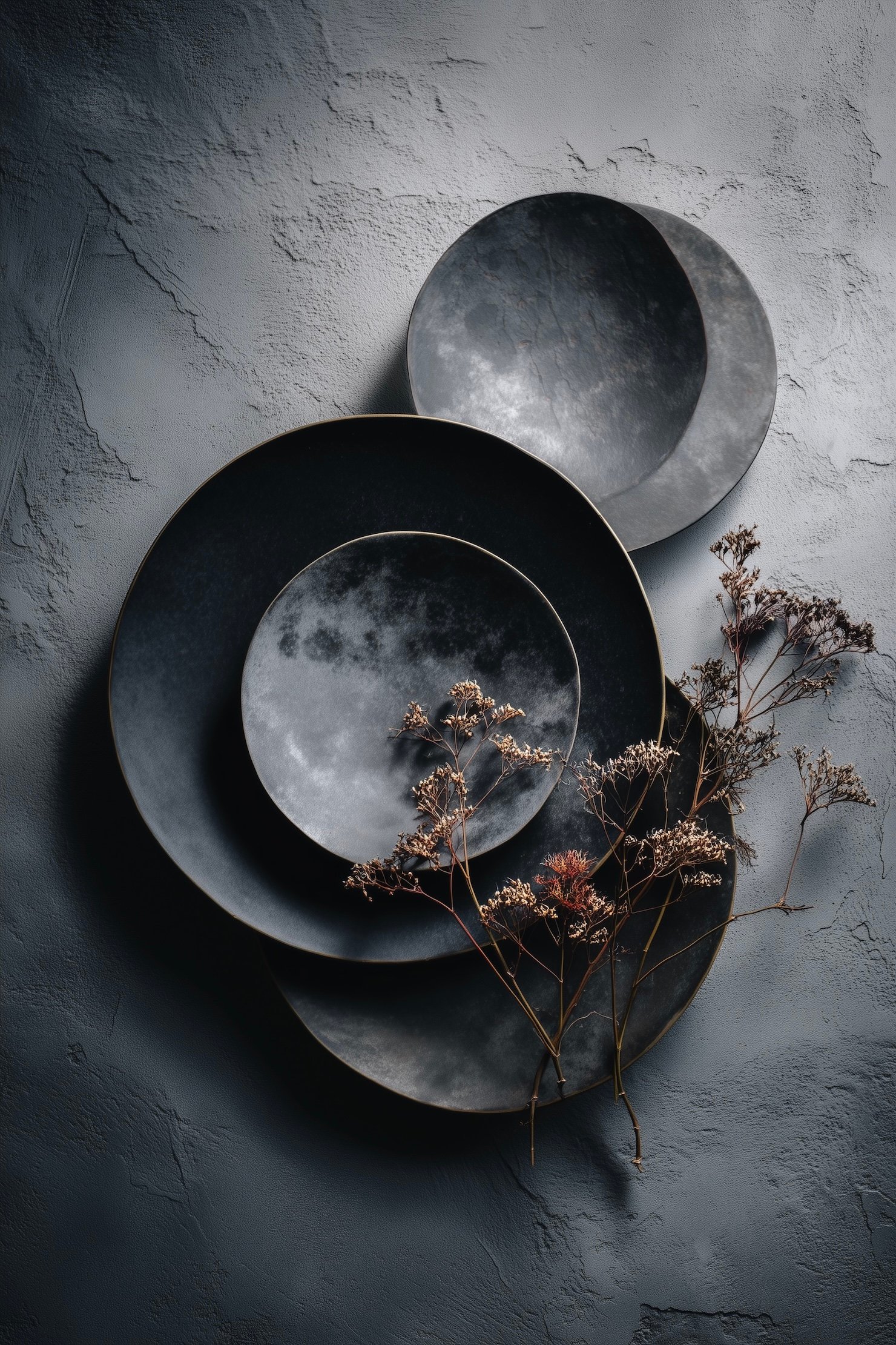assiette ronde lune peinture grise noir blanche déco sombre