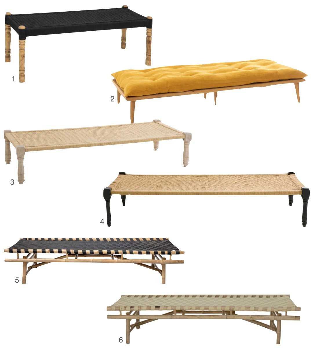 charpoy lit indien bois fibre naturelle jaune noir marron