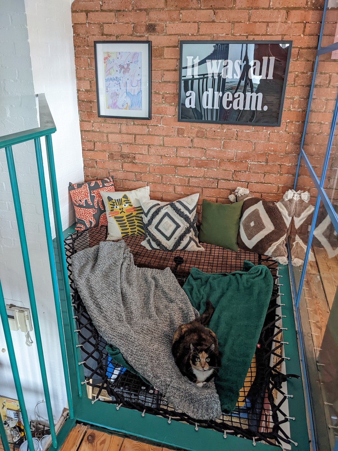 coin detente mur brique rouge plateforme filet noir