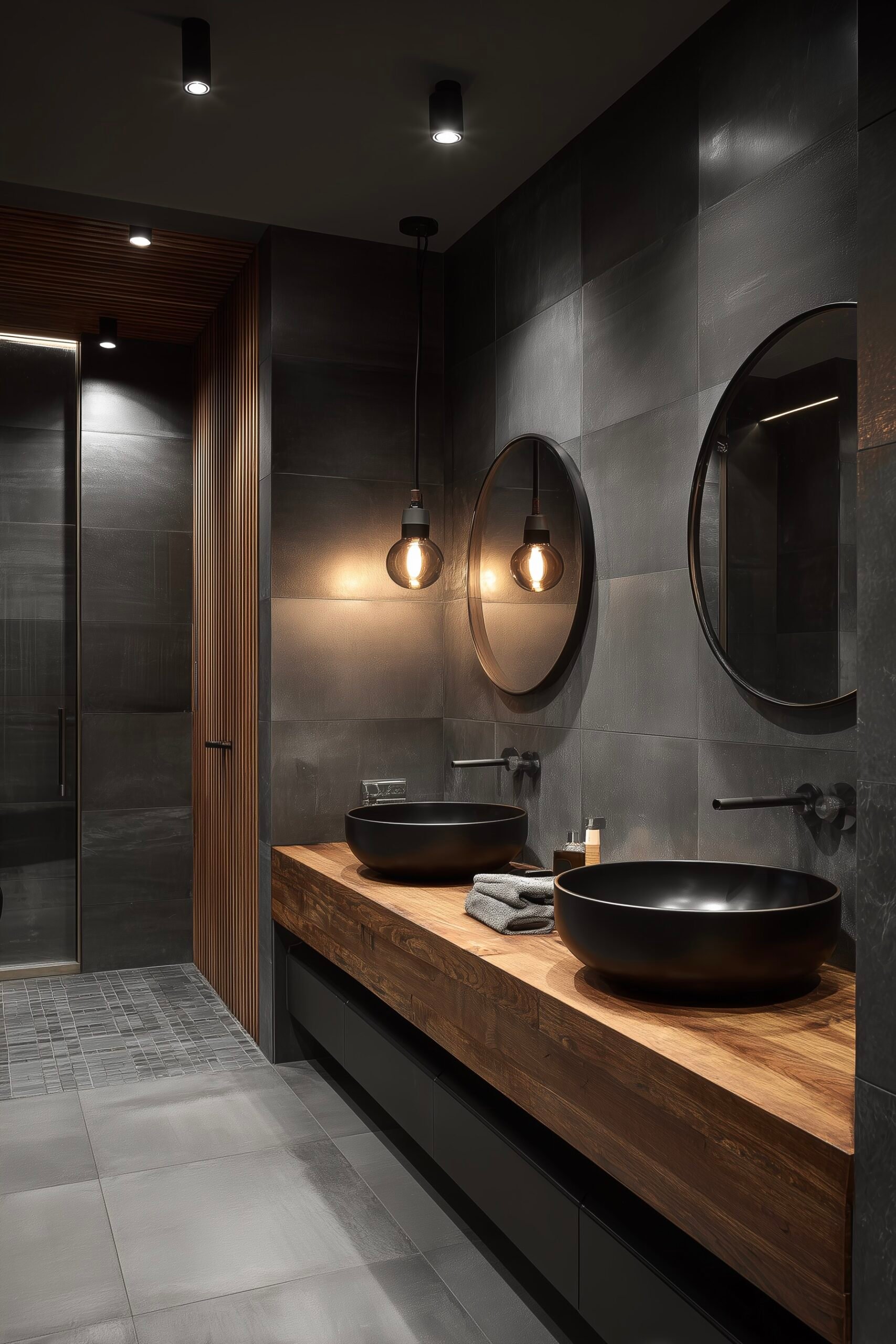 couleurs tendances gris foncé anthracite salle de bain bois