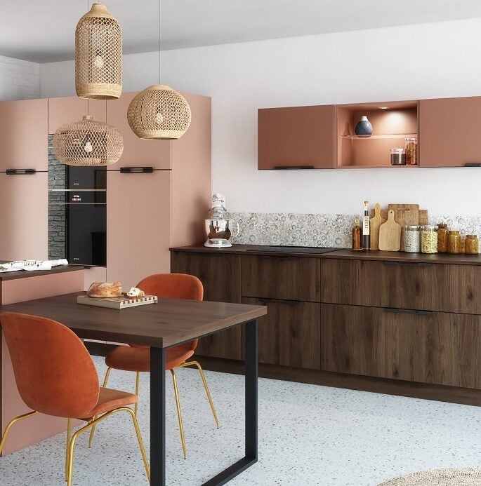 deco cuisine rose violet poudree laiton elegnate sophistiquee