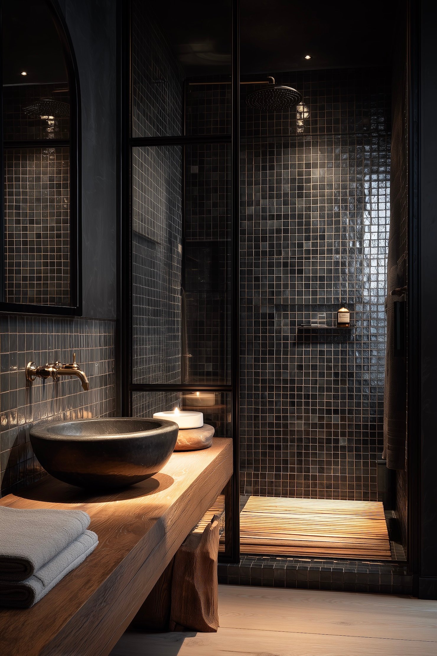 salle douche zellige noir meuble bois brut
