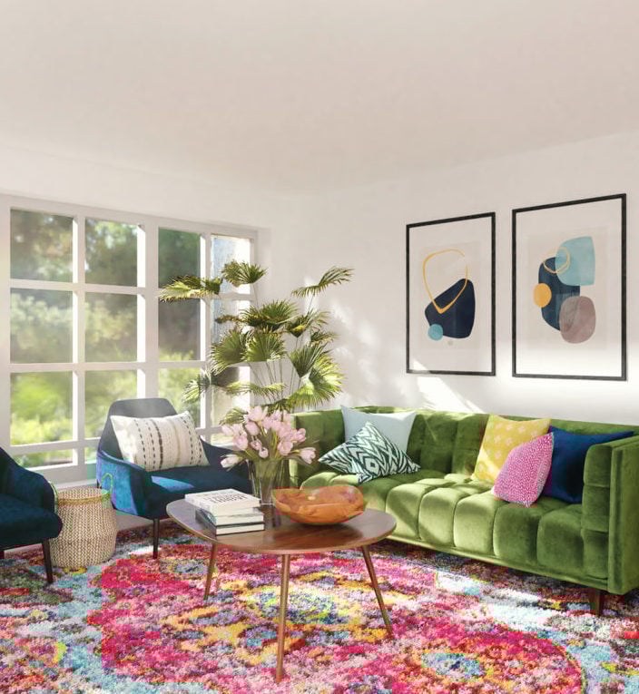 salon colore tapis ethnique rouge canape fauteuil velours porte vitree deco lumineuse