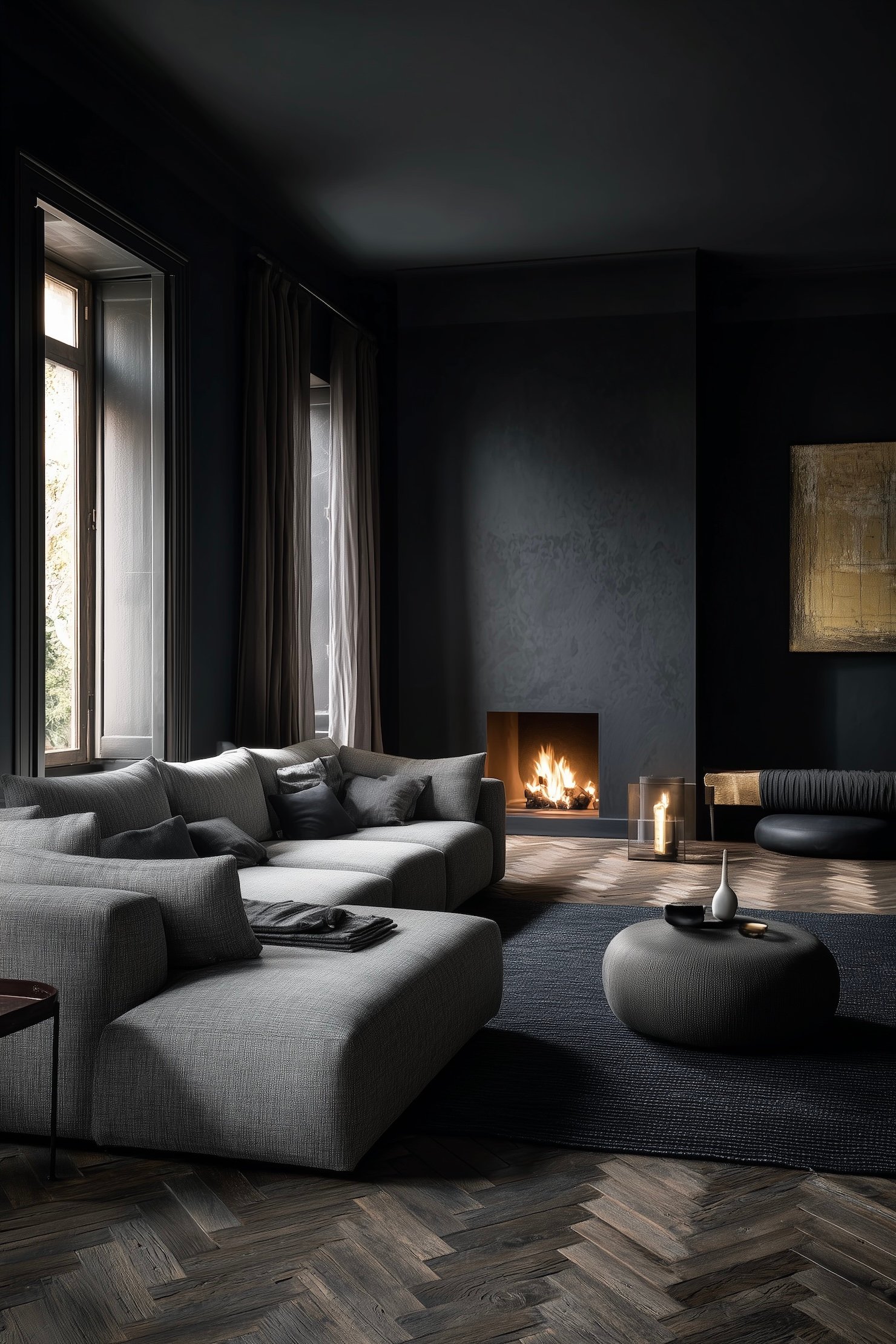 salon mur noir parquet chevron foncé