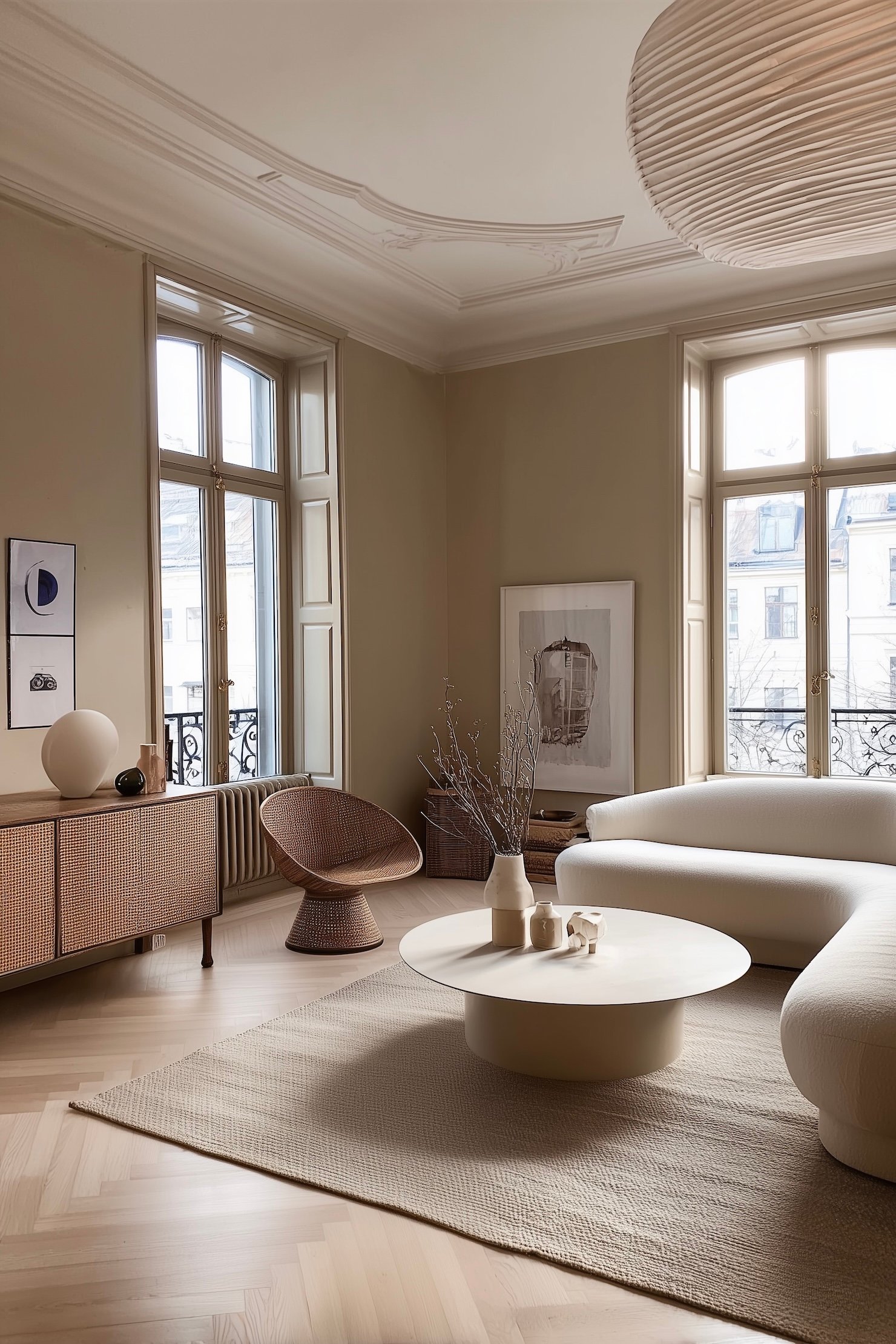 séjour beige blanc meuble chaise table bois