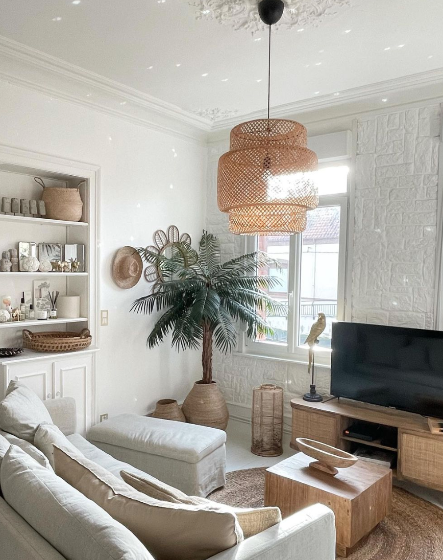 Salon rotin gris beige déco voyage