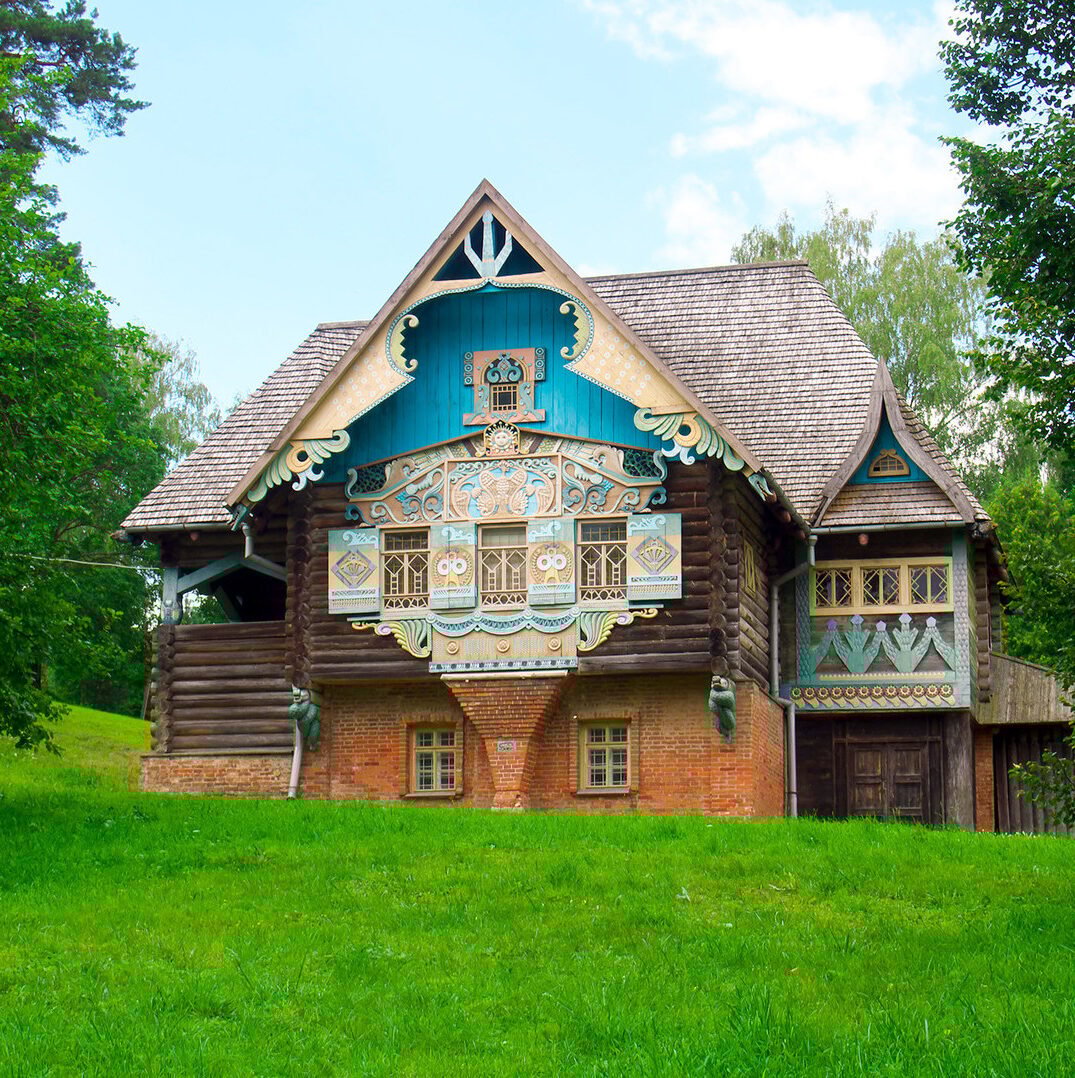 chalet bois russe marron bleu rustique typique