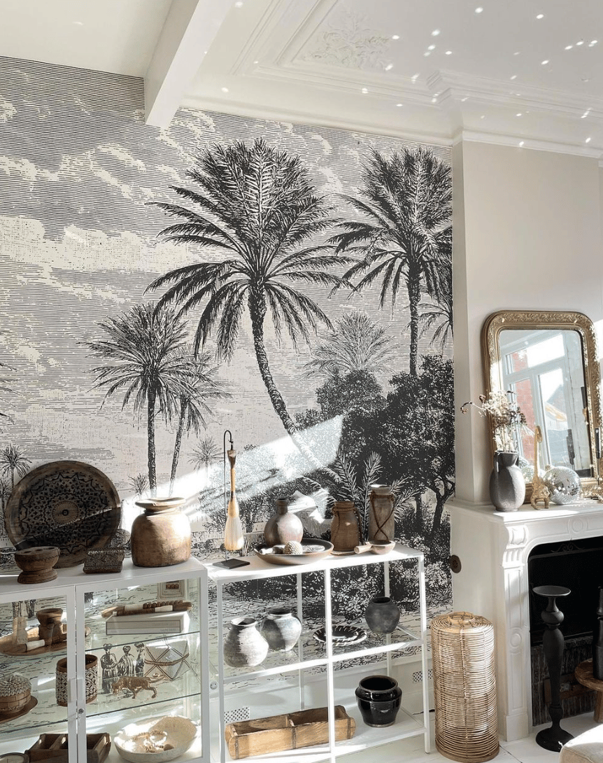 salle-a-manger-papier peint exotique noir blanc champetre