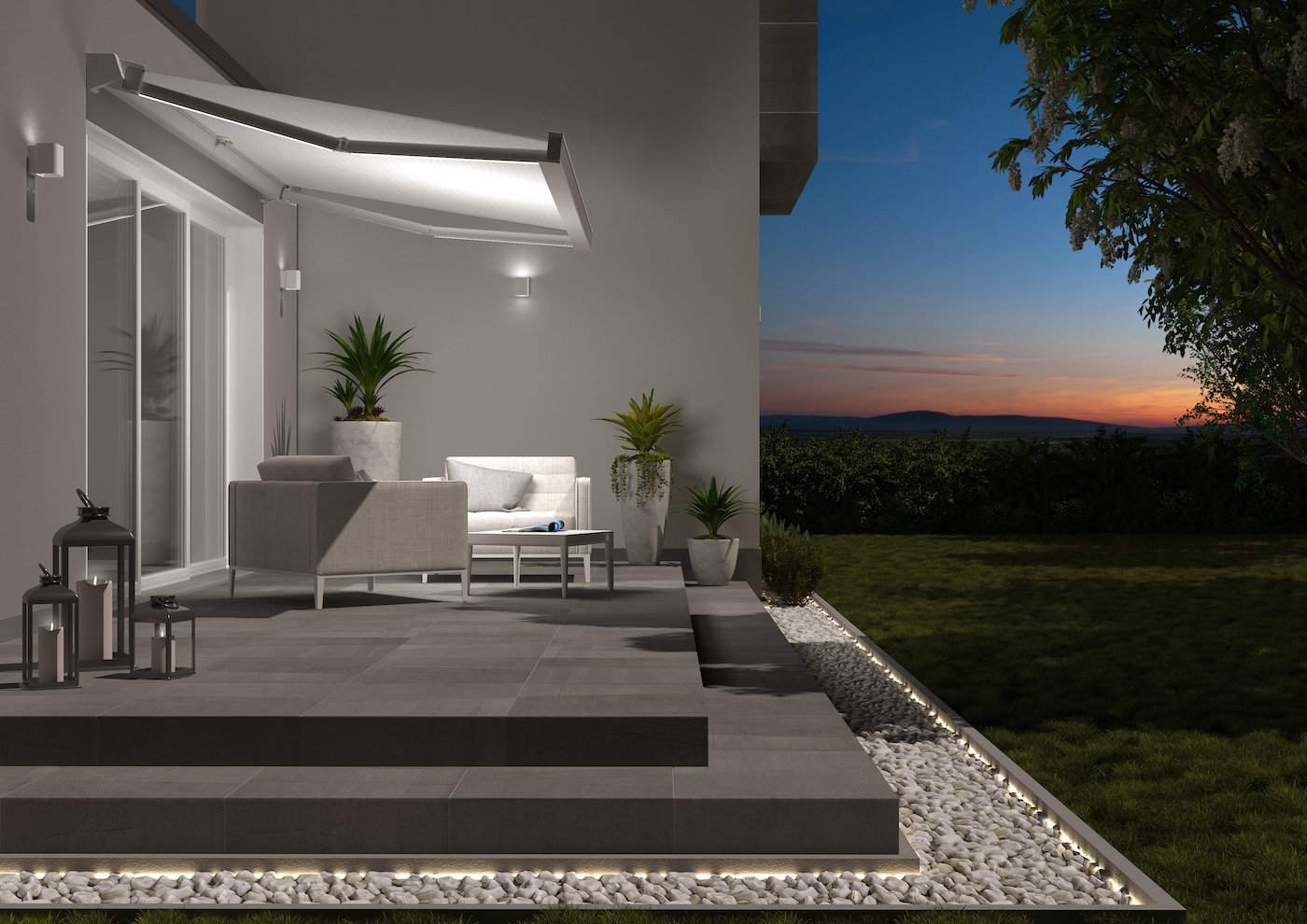 store banne avec bras leds éclairage intégré extérieur terrasse