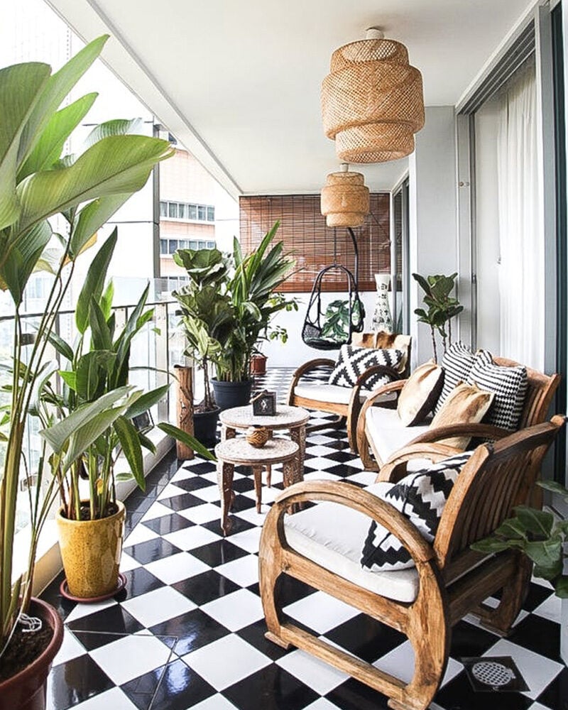 terrasse moderne sol damier noir blanc plante verte