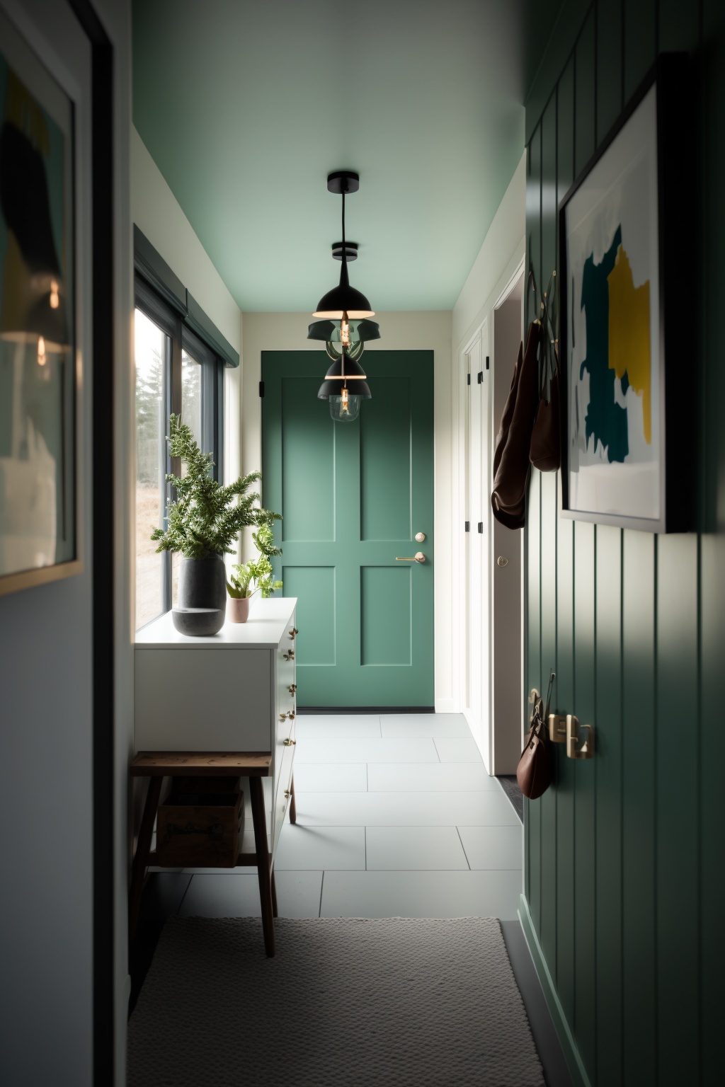 comment aménager espaces rangements entrée couloir blanc vert sapin