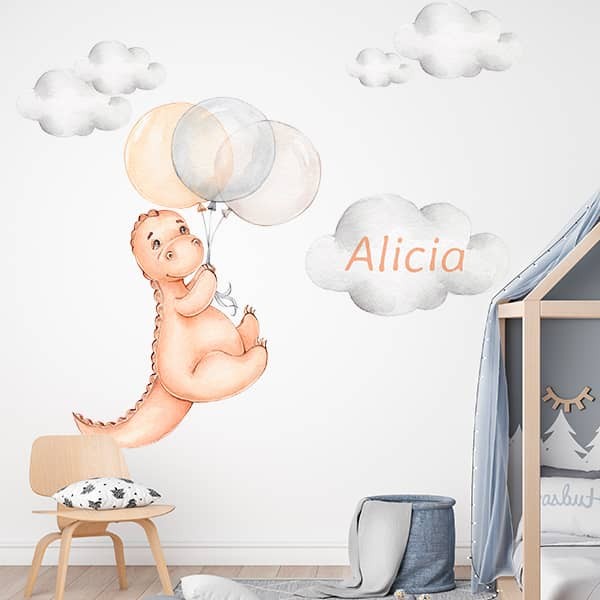 décor mural dinosaure fille chambre bébé orange beige grise