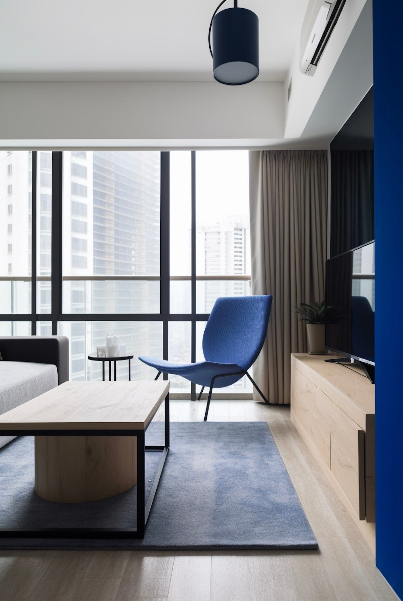 fauteuil bleu Klein déco bois