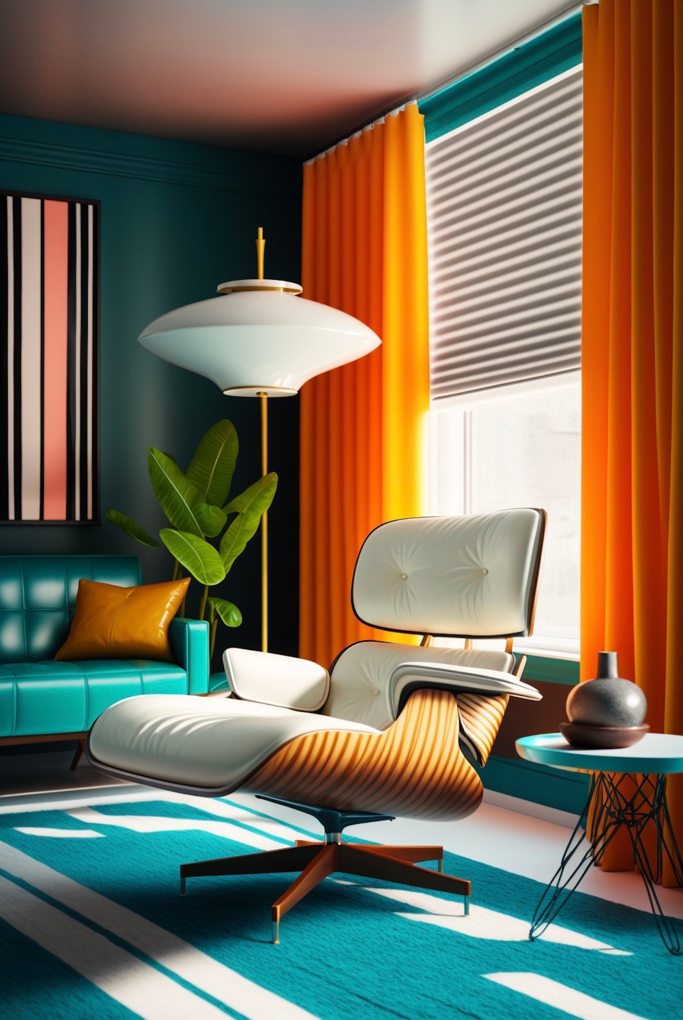 intérieur pop décoration orange turquoise