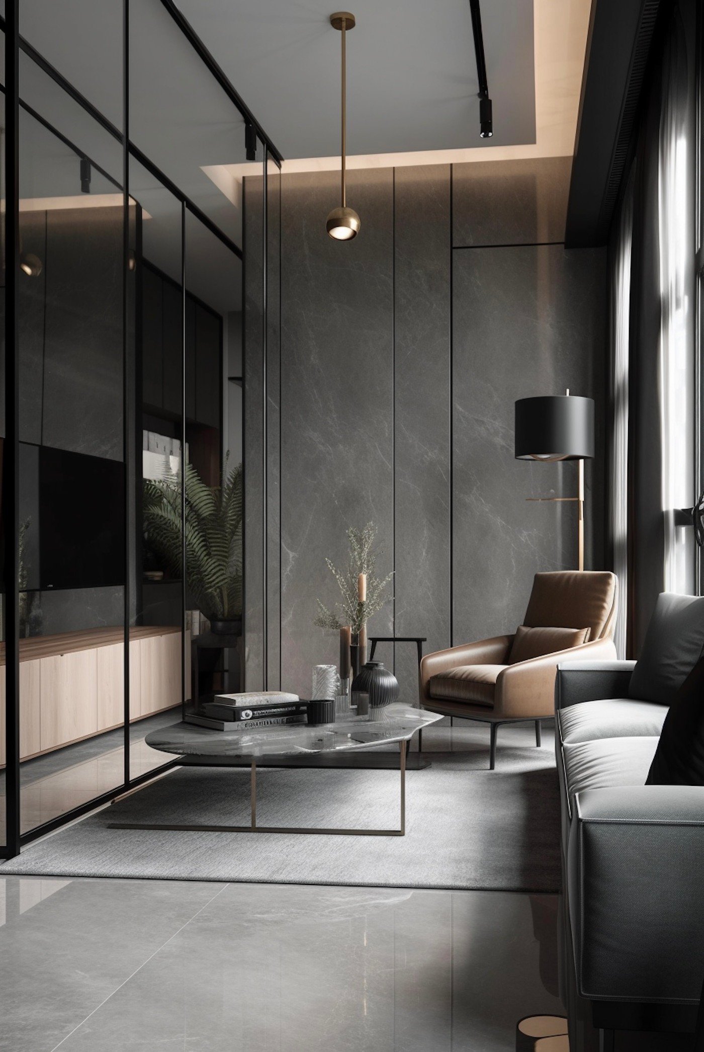 loft Honk Kong style pierre cloison verre fauteuil cuir