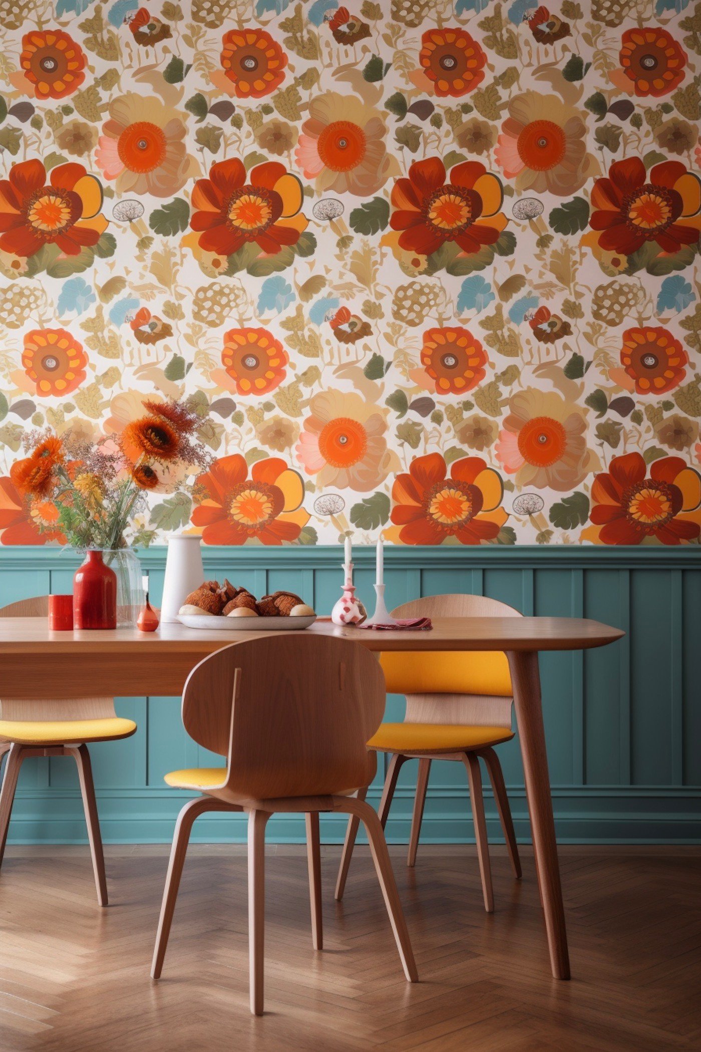 salle à manger papier-peint fleur déco années 70 soubassement bleu canard