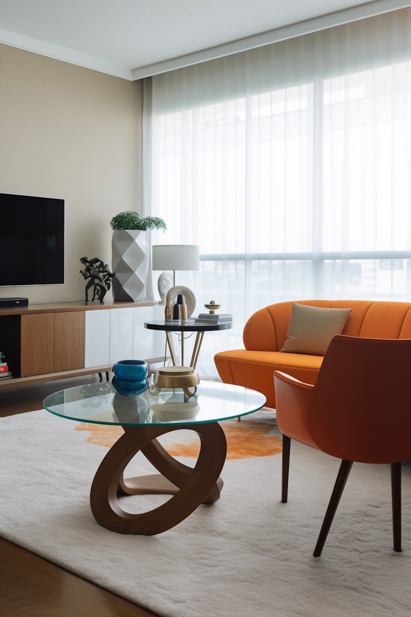 salon moderne mélange déco années 70 fauteuil orange