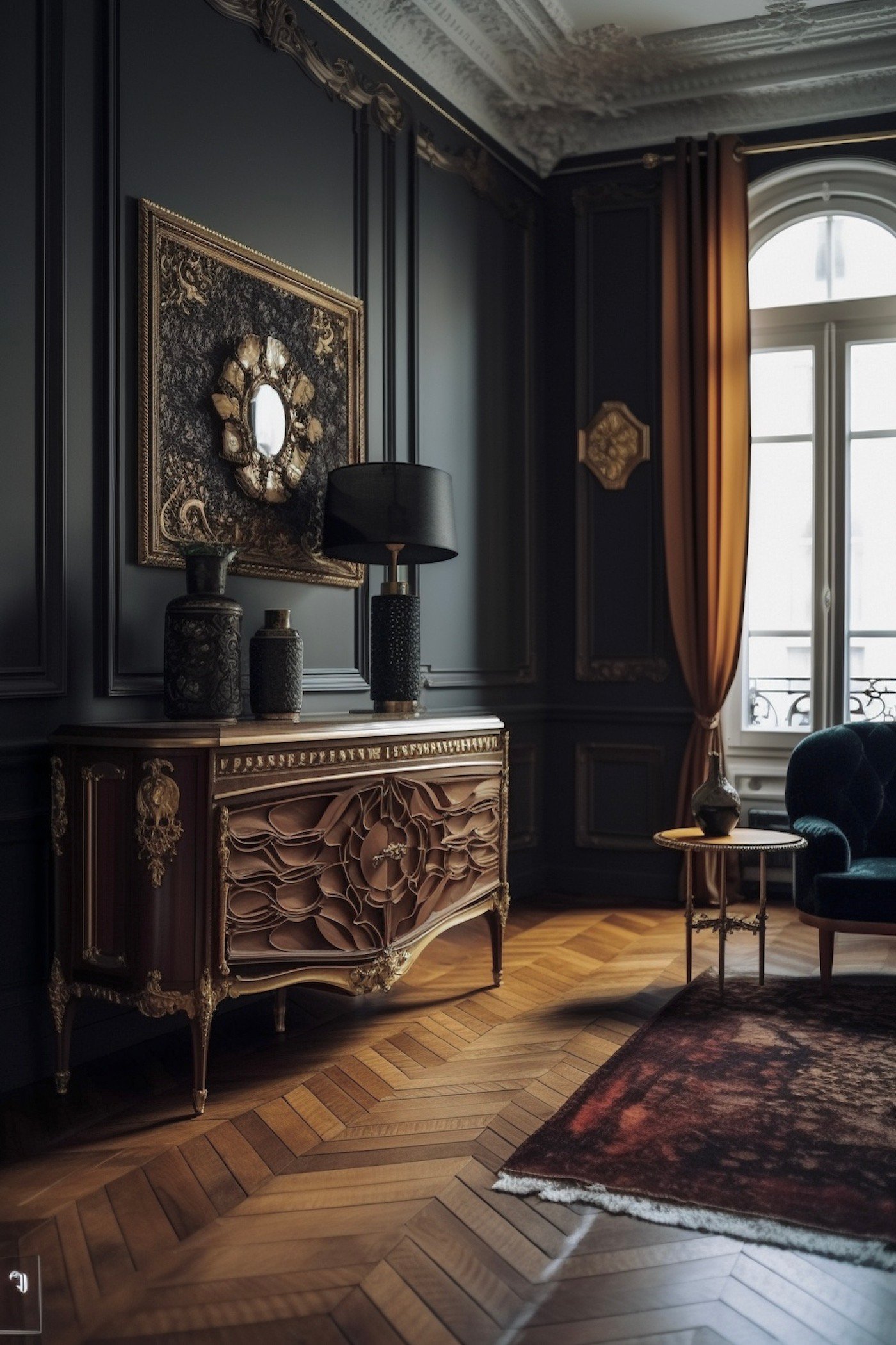 salon Paris point de Hongrie mur peinture noire