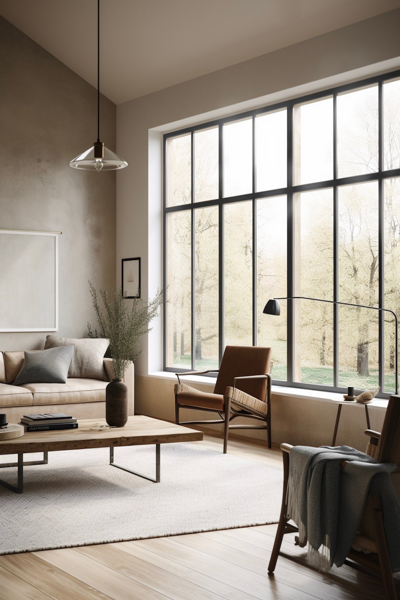 salon wabi sabi fenêtre géante meuble bois slow living