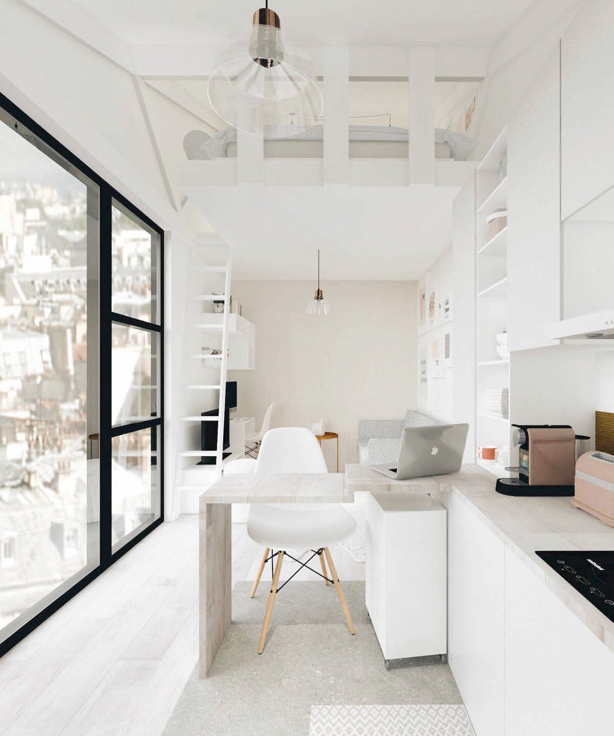 studio blanc lumineux baie vitree lit mezzanine cuisine