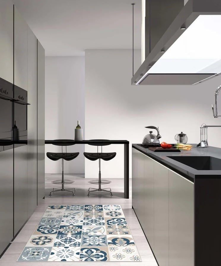 tapis vinyle effet carreaux ciment bleu blanc beige