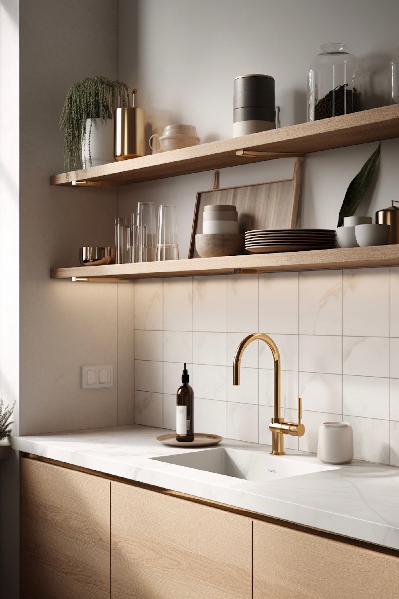 Cuisine blanche bois poignées laiton doré robinet