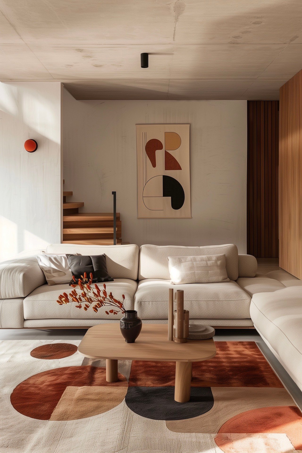 Salon design épuré tapis Memphis géométrique abstrait