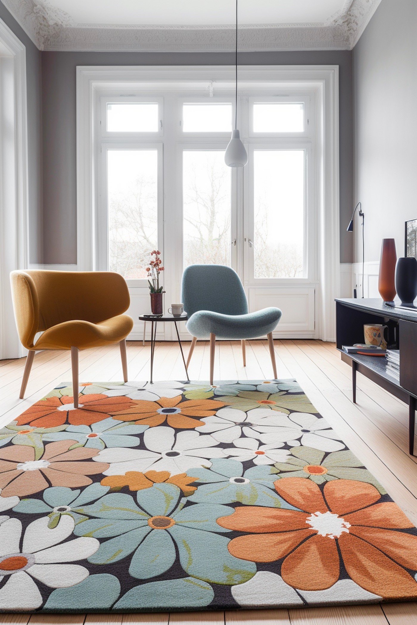 aménagement salon scandinave tapis déco années 70 motif fleurs géantes