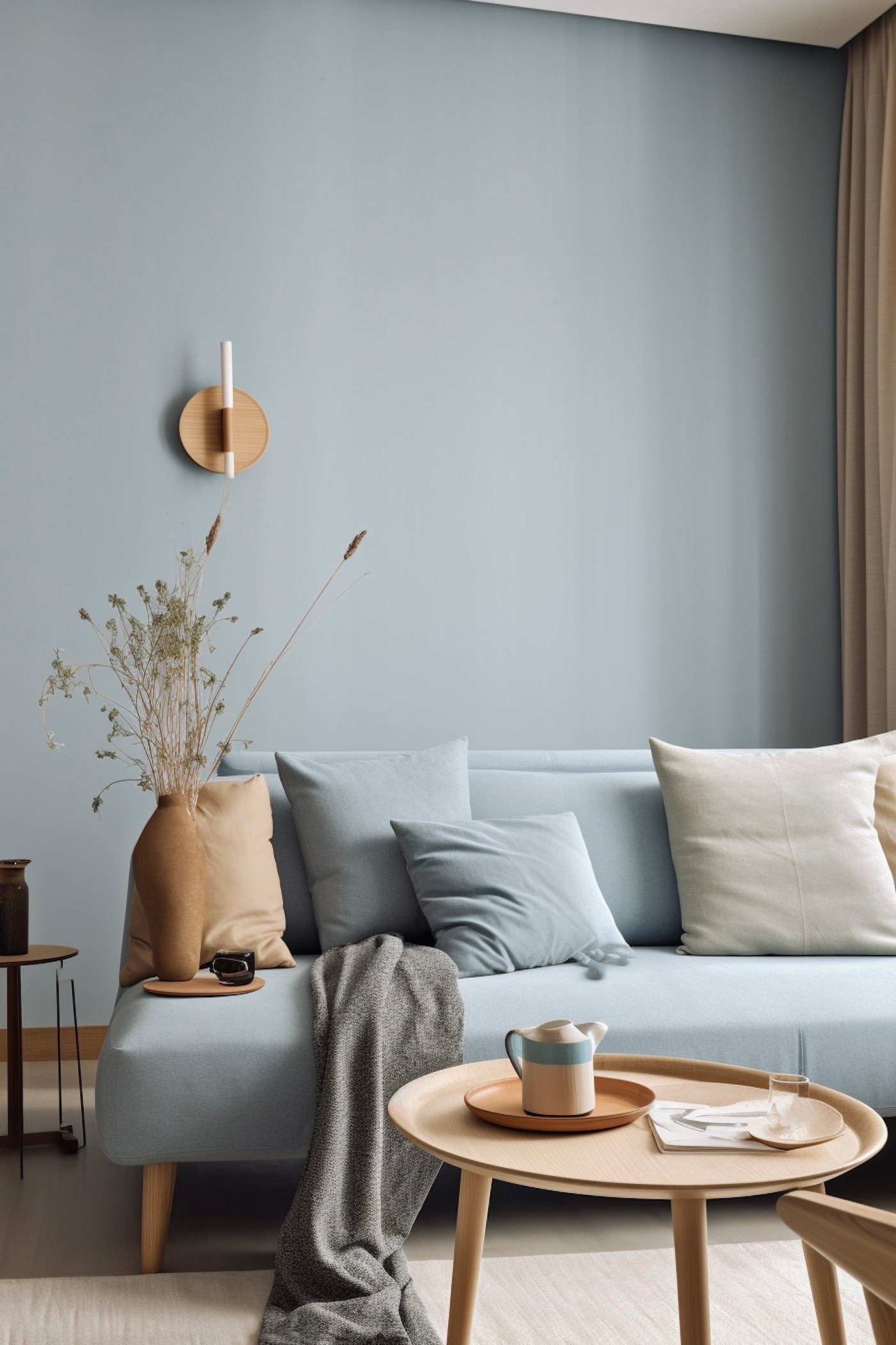 canapé bleu clair décoration japandi