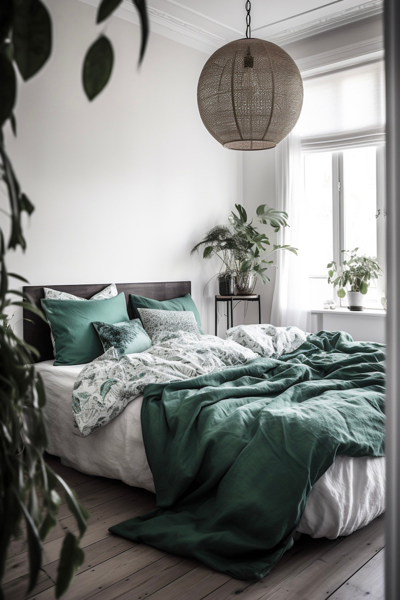 chambre blanche lumineuse détail jungle motif feuille