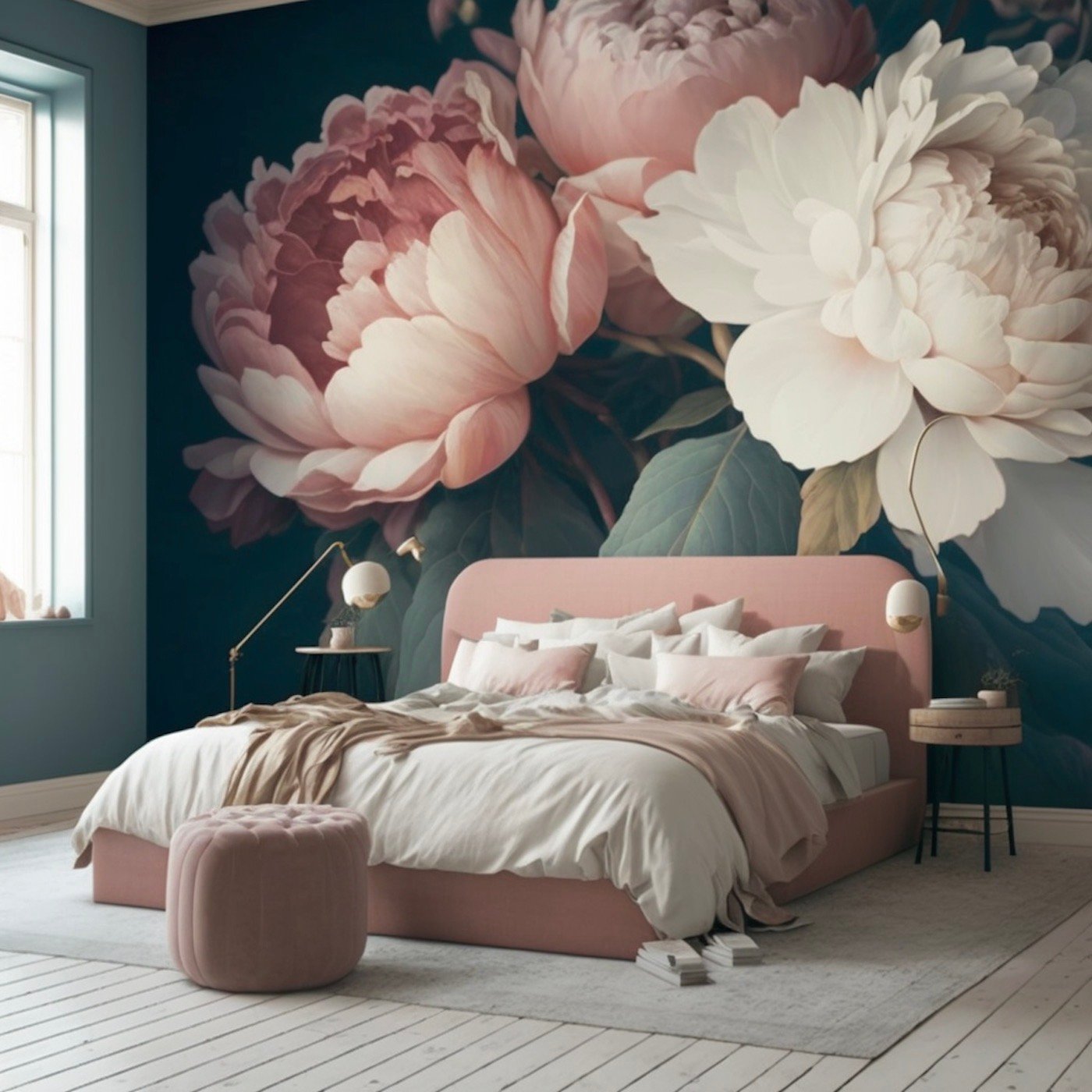 chambre décoration pivoines rose verte romantique papier-peint