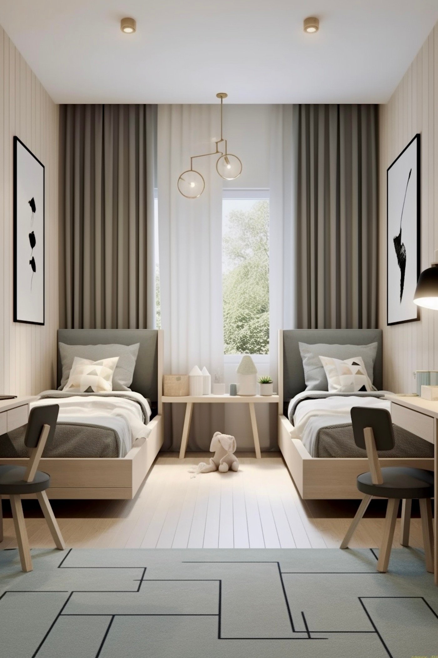 comment aménager chambre jumeau lit bureau bois déco verte grise